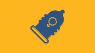 Blue Condom safe sex icon isolated on orange background. Safe love symbol. Contraceptive method for male. 4K Video motion graphic animation.