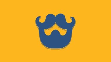 Blue Mustache and beard icon isolated on orange background. Barbershop symbol. Facial hair style. 4K Video motion graphic animation.