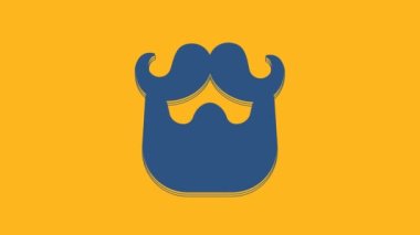 Blue Mustache and beard icon isolated on orange background. Barbershop symbol. Facial hair style. 4K Video motion graphic animation.