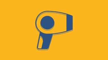 Blue Hair dryer icon isolated on orange background. Hairdryer sign. Hair drying symbol. Blowing hot air. 4K Video motion graphic animation.
