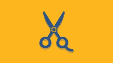 Blue Scissors hairdresser icon isolated on orange background. Hairdresser, fashion salon and barber sign. Barbershop symbol. 4K Video motion graphic animation.