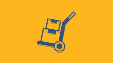 Blue Hand truck and boxes icon isolated on orange background. Dolly symbol. 4K Video motion graphic animation.