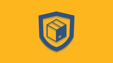 Blue Delivery security with shield icon isolated on orange background. Delivery insurance. Insured cardboard boxes beyond the shield. 4K Video motion graphic animation.