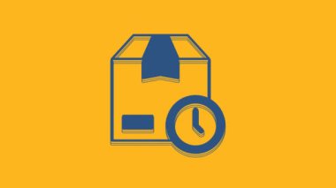 Blue Carton cardboard box and fast time delivery icon isolated on orange background. Box, package, parcel sign. Delivery and packaging. 4K Video motion graphic animation.