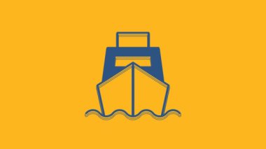 Blue Cargo ship with boxes delivery service icon isolated on orange background. Delivery, transportation. Freighter with parcels, boxes, goods. 4K Video motion graphic animation.
