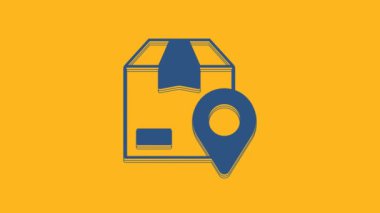 Blue Location with cardboard box icon isolated on orange background. Delivery services, logistic and transportation, distribution. 4K Video motion graphic animation.