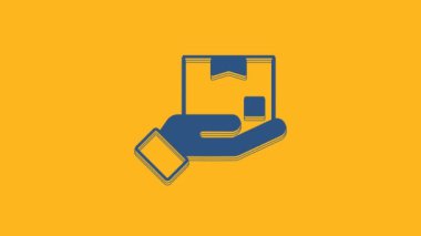 Blue Delivery hand with cardboard boxes icon isolated on orange background. Door to door delivery by courier. 4K Video motion graphic animation.