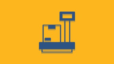 Blue Scale with cardboard box icon isolated on orange background. Logistic and delivery. Weight of delivery package on a scale. 4K Video motion graphic animation.