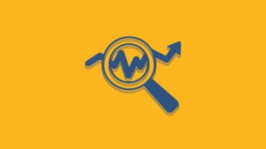 Blue Magnifying glass and data analysis icon isolated on orange background. Search sign. 4K Video motion graphic animation.