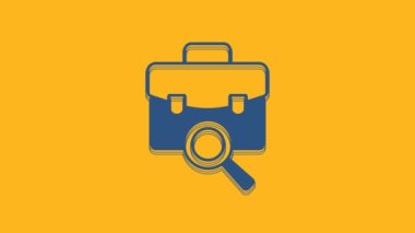 Blue Magnifying glass with briefcase icon isolated on orange background. Job hunting. Work search concept. Unemployment, head hunting, career. 4K Video motion graphic animation.