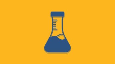 Blue Test tube and flask chemical laboratory test icon isolated on orange background. Laboratory glassware sign. 4K Video motion graphic animation.