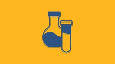 Blue Test tube and flask chemical laboratory test icon isolated on orange background. Laboratory glassware sign. 4K Video motion graphic animation.