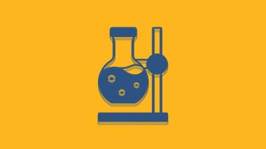 Blue Glass test tube flask on stand icon isolated on orange background. Laboratory equipment. 4K Video motion graphic animation.