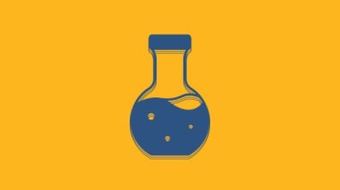 Blue Test tube and flask chemical laboratory test icon isolated on orange background. Laboratory glassware sign. 4K Video motion graphic animation.