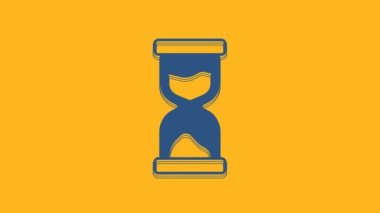 Blue Old hourglass with flowing sand icon isolated on orange background. Sand clock sign. Business and time management concept. 4K Video motion graphic animation.