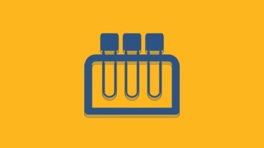 Blue Test tube and flask chemical laboratory test icon isolated on orange background. Laboratory glassware sign. 4K Video motion graphic animation.