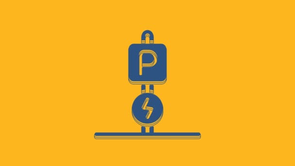 Niebieski Ładowanie Parking Elektryczny Samochód Ikona Izolowana Pomarańczowym Tle Animacja — Wideo stockowe