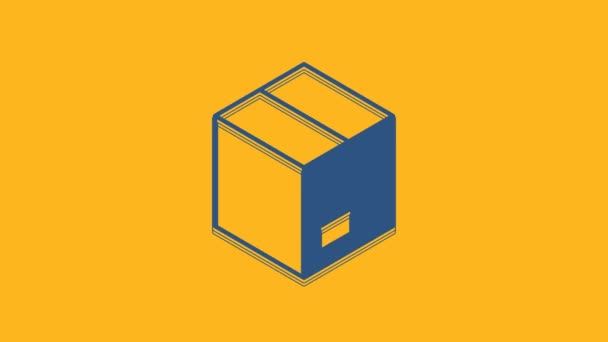 蓝色纸板箱图标孤立在橙色背景 包裹签名 交付和包装 4K视频运动图形动画 — 图库视频影像