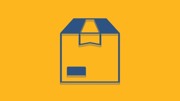 ブルーカートンの段ボール箱のアイコンは オレンジの背景に隔離された パッケージ 小包サイン 配達と梱包 4Kビデオモーショングラフィックアニメーション — ストック動画