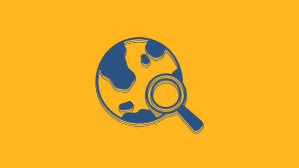 Blue Magnifying Glass Globe Icon Isolated Orange Background Analyzing World — Stockvideo