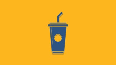 Blue Paper glass with drinking straw and water icon isolated on orange background. Soda drink glass. Fresh cold beverage symbol. 4K Video motion graphic animation.