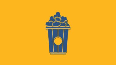 Blue Popcorn in cardboard box icon isolated on orange background. Popcorn bucket box. 4K Video motion graphic animation.