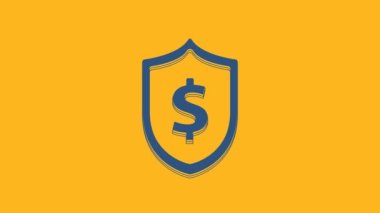 Blue Shield with dollar symbol icon isolated on orange background. Security shield protection. Money security concept. 4K Video motion graphic animation.