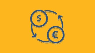 Blue Money exchange icon isolated on orange background. Euro and Dollar cash transfer symbol. Banking currency sign. 4K Video motion graphic animation.