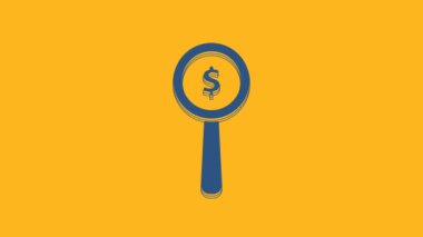 Mavi büyüteç ve dolar sembolü turuncu arka planda izole edilmiş. Para bul. Para arıyorum. 4K Video hareketli grafik canlandırması.