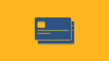 Blue Credit card icon isolated on orange background. Online payment. Cash withdrawal. Financial operations. Shopping sign. 4K Video motion graphic animation.