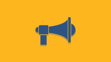 Mavi megafon simgesi turuncu arkaplanda izole edilmiş. Yüksek sesle konuşma uyarısı. Ağızlık için megafon, terfi diye bağırıyor. 4K Video hareketli grafik canlandırması.