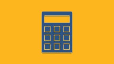 Blue Calculator icon isolated on orange background. Accounting symbol. Business calculations mathematics education and finance. 4K Video motion graphic animation.