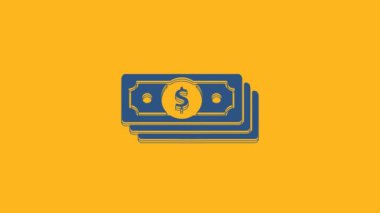 Blue Stacks paper money cash icon isolated on orange background. Money banknotes stacks. Bill currency. 4K Video motion graphic animation.