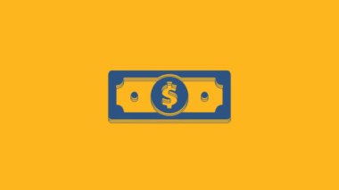 Blue Stacks paper money cash icon isolated on orange background. Money banknotes stacks. Bill currency. 4K Video motion graphic animation.