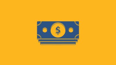 Blue Stacks paper money cash icon isolated on orange background. Money banknotes stacks. Bill currency. 4K Video motion graphic animation.