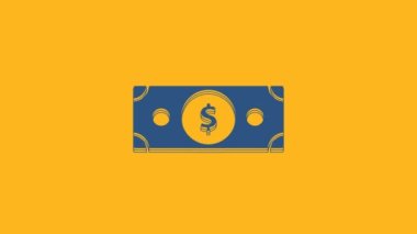 Blue Stacks paper money cash icon isolated on orange background. Money banknotes stacks. Bill currency. 4K Video motion graphic animation.