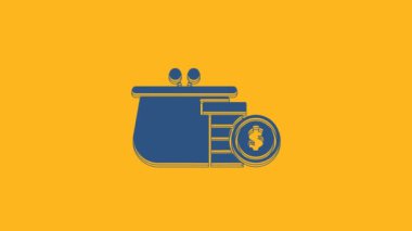 Blue Wallet with coins icon isolated on orange background. Purse icon. Cash savings symbol. 4K Video motion graphic animation.