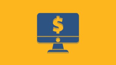 Turuncu arkaplanda dolar sembolü olan mavi bilgisayar monitörü. İnternetten alışveriş konsepti. İnternetten kazanç, pazarlama. 4K Video hareketli grafik canlandırması.