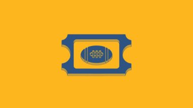 Mavi Amerikan futbol bileti ikonu turuncu arka planda izole edildi. 4K Video hareketli grafik canlandırması.