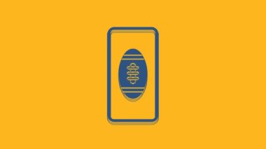 Ekran ikonunda Amerikan futbol topu olan mavi akıllı telefon turuncu arka planda izole edilmiş. Cep telefonu için çevrimiçi futbol maçı. 4K Video hareketli grafik canlandırması.
