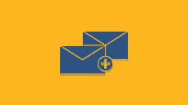 Blue Envelope icon isolated on orange background. Received message concept. New, email incoming message, sms. Mail delivery service. 4K Video motion graphic animation.