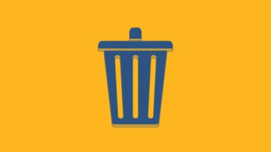 Blue Trash can icon isolated on orange background. Garbage bin sign. Recycle basket icon. Office trash icon. 4K Video motion graphic animation.