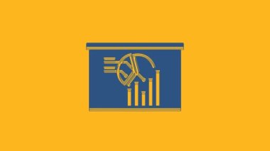 Blue Board with graph chart icon isolated on orange background. Report text file icon. Accounting sign. Audit, analysis, planning. 4K Video motion graphic animation.