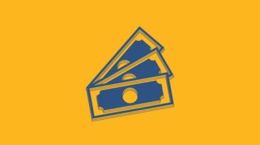 Blue Stacks paper money cash icon isolated on orange background. Money banknotes stacks. Bill currency. 4K Video motion graphic animation.