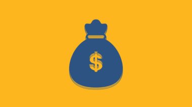 Mavi Para Çantası simgesi turuncu arka planda izole edildi. Dolar ya da USD sembolü. Nakit bankacılık tabelası. 4K Video hareketli grafik canlandırması.