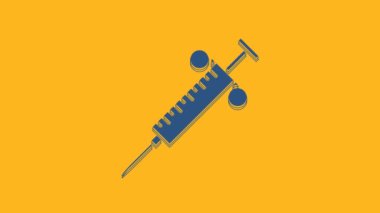 Blue Syringe icon isolated on orange background. Syringe for vaccine, vaccination, injection, flu shot. Medical equipment. 4K Video motion graphic animation.