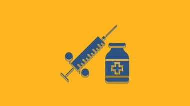 Turuncu arka planda izole edilmiş iğne ve şişe veya ampul ikonlu mavi tıbbi şırınga. Aşı, iğne, aşı, insülin konsepti. 4K Video hareketli grafik canlandırması.