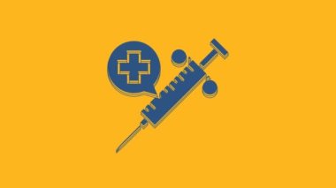 Turuncu zemin üzerinde iğne ikonu olan mavi tıbbi şırınga. Aşı, iğne, aşı, insülin konsepti. 4K Video hareketli grafik canlandırması.