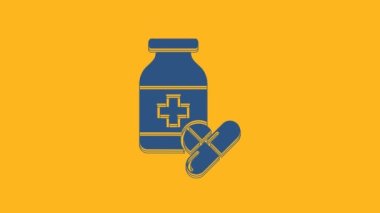 Blue Medicine bottle and pills icon isolated on orange background. Bottle pill sign. Pharmacy design. 4K Video motion graphic animation.