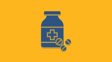 Blue Medicine bottle and pills icon isolated on orange background. Bottle pill sign. Pharmacy design. 4K Video motion graphic animation.